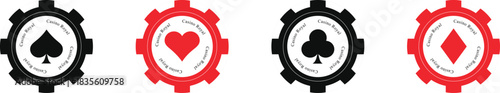 Flat design set of black and red poker chip icons with spade heart club diamond symbols detailed vector artwork collection for casino game interface