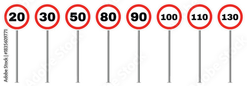 Minimalist flat design red circular speed limit signs ranging from 20 to 130 displayed in ascending order with thin gray posts and white backgrounds vector illustration