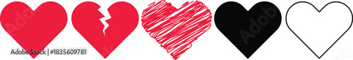 Set of five unique heart shapes including red solid, broken, scribbled, black solid, and white outlined symbols in flat minimalist vector style