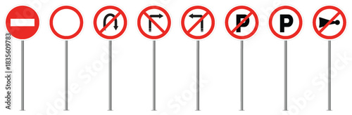 Flat design set of eight different traffic road signs with red circles no entry no parking no stopping no horn no right turn no left turn no u turn no guns in vector style