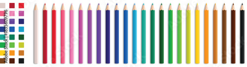 Flat design colorful array of colored pencils arranged horizontally showing vibrant pink red blue green orange yellow brown shades in vector style illustration