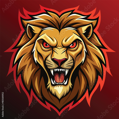 Fierce roaring lion head emblem with intense red eyes on a dark red background