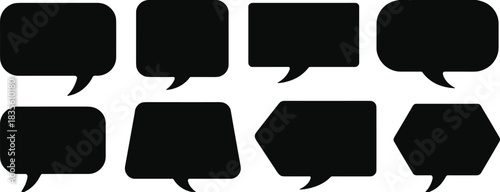 Black speech bubble icons, chat conversation symbols, dialogue balloons, message shapes, communication graphics, vector speech bubbles, isolated design elements