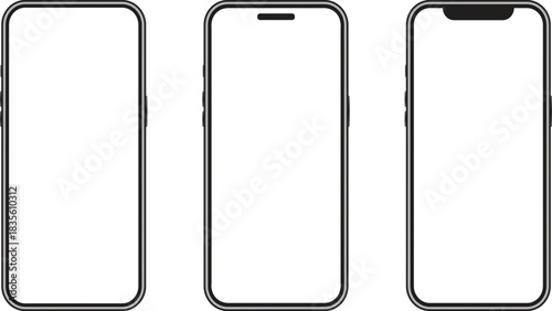 Realistic smartphone mockup vector set, modern mobile frame templates with transparent background