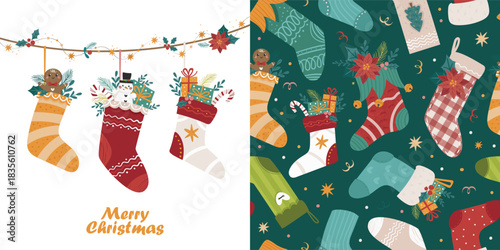 Christmas set of poster and seamless pattern with cute socks. Perfect for kids bedding, fabric, wallpaper, wrapping paper, textile, t-shirt print.