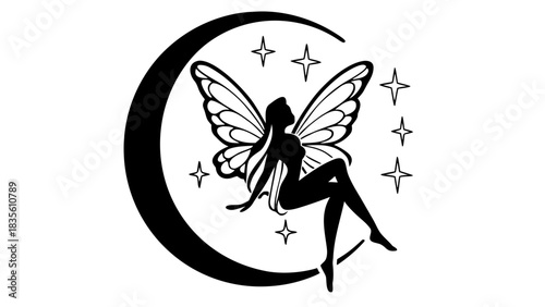 Silhouette of a fairy with wings sitting on a crescent moon surrounded by stars in black and white style mjunaid