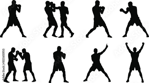 Boxing silhouette vector, boxer fighting stance, training punch action, boxing match duo, male athlete pose, boxing glove motion, victory pose illustration