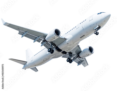 White Passenger Airplane Taking Off Isolated on Black Background Keywords: airplane, aircraft, jet, airliner, passenger plane
