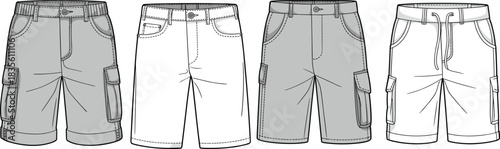 Boys cargo shorts front and back vector sketch, flat technical drawing, fashion CAD illustration for kidswear garment design template.