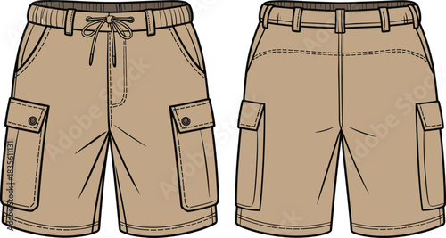 Boys cargo shorts vector flat sketch with pockets, drawstring waist, front and back view, fashion CAD design illustration