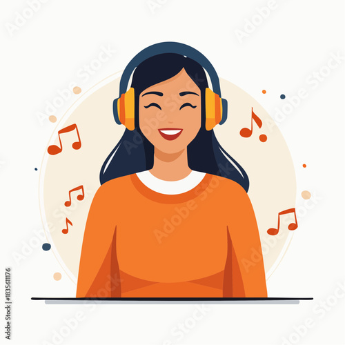 Smiling young woman listening to music with headphones illustration