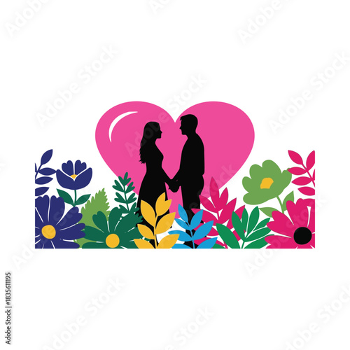 Romantic Couple Silhouette with Colorful Flowers Love and Garden Illustration