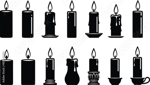 Burning candle silhouette collection, black and white vector illustration, decorative wax candle designs, spiritual light artwork, vintage flame icon set