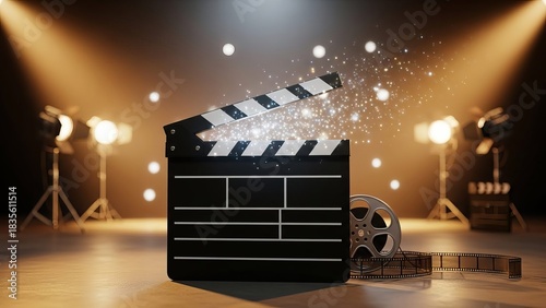 Film Clapperboard Opening with Magical Sparkling Particles on a Cinematic Studio Floor Under Warm Dramatic Lights