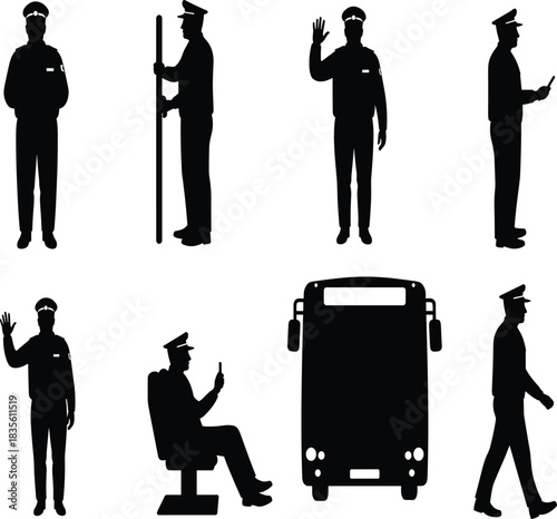 Bus driver silhouette poses with front view bus, public transport occupation, cad drawing flat vector illustration, black isolated icons