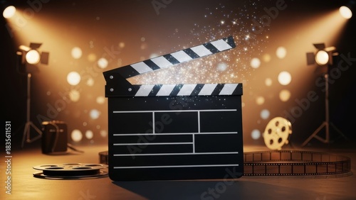 Film Clapperboard Opening with Magical Sparkling Particles on a Cinematic Studio Floor Under Warm Dramatic Lights