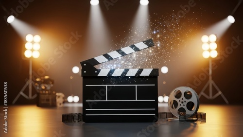 Film Clapperboard Opening with Magical Sparkling Particles on a Cinematic Studio Floor Under Warm Dramatic Lights
