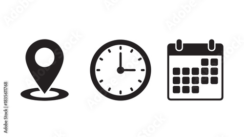 Location Time and Calendar Icons Picturing a Business Meeting with Appointments Set in a Modern and Minimalistic Style