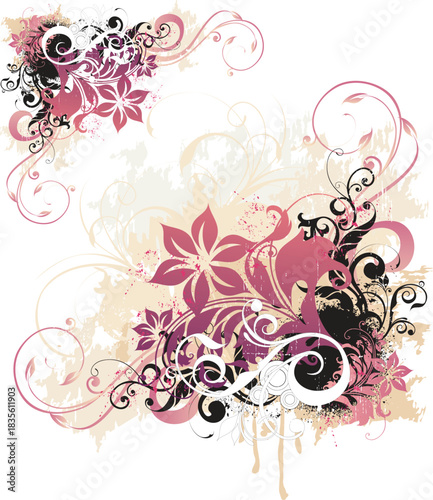 Abstract grunge floral background illustration with vintage flower pattern, ornate leaf, swirl decoration, and butterfly elements