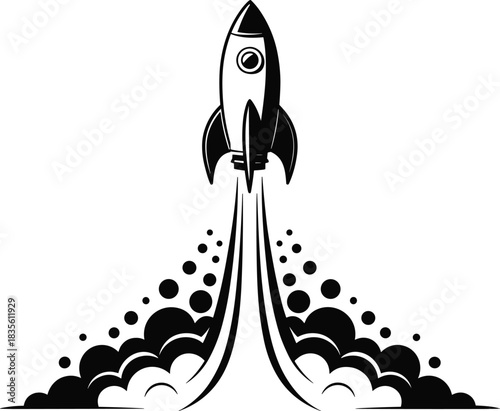 Black and white rocket ship launching with smoke and bubbles spaceship takeoff