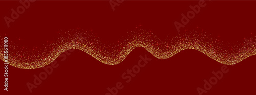 Gold wavy texture. Golden wave pattern isolated on Christmas red background. Glitter explosion confetti. Yellow dust overlay. Vector illustration, EPS 10.