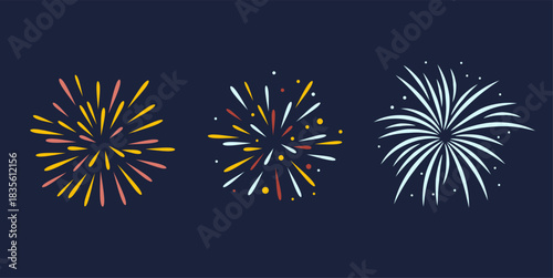 Festive Colorful Firework Salute Burst on Blue Dark Background. Fireworks display celebration vector illustration, fireworks illustration