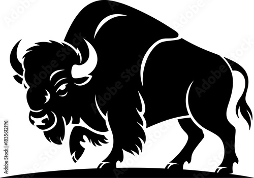 Black silhouette of a charging bison with horns and shaggy mane buffalo black and white