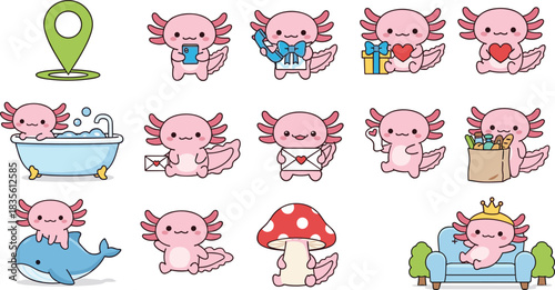 Pink axolotl character set, cute cartoon poses, playful scenes, gift heart envelope mushroom dolphin, flat vector illustration