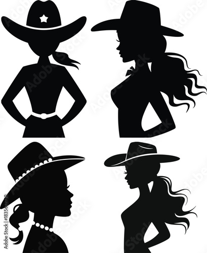 Four Black Silhouette Cowboy Women with Hats and Wavy Hair woman western