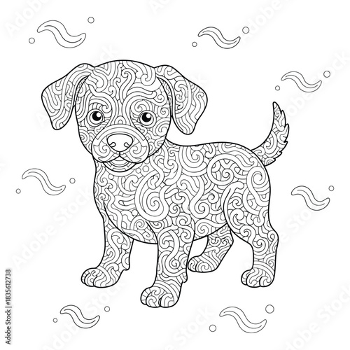 Intricate Puppy Coloring Page – Detailed Swirl Pattern Dog Line Art
