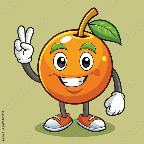 Cheerful cartoon orange character with a happy face and a peace sign gesture