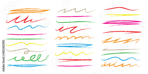 Hand drawn colorful crayon strikethrough grunge lines. Horizontal marker, crayon stripes, curly lines symbol. vector illustration.
