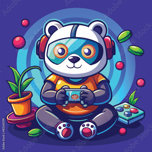 Adorable cartoon panda wearing headphones and goggles plays video games with a controller