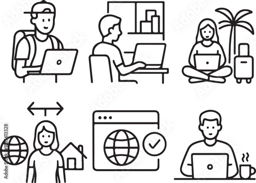Collection of hand drawn icons representing remote work and digital nomad lifestyle