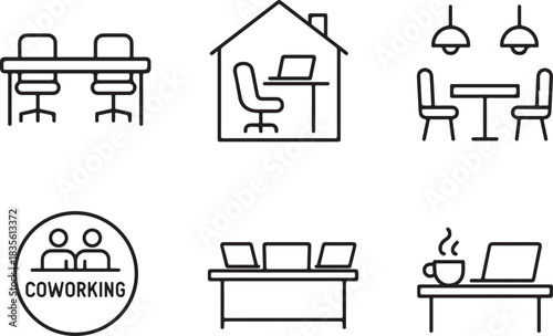Hand drawn icons representing coworking spaces and home office setups