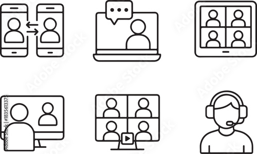 Collection of line art icons representing remote communication and video conferencing