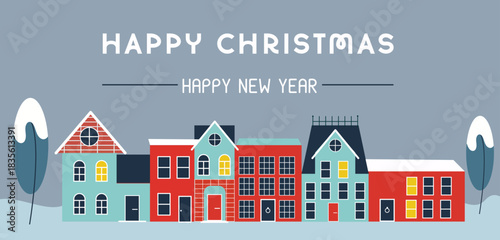 Merry Christmas and Happy New Year web banner illu stration of cute houses in winter season. Holiday city at night with pine trees, snow, xmas lights decoration greeting card design.