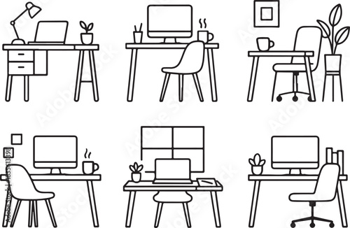Collection of six hand drawn home office desk setups with computers and plants