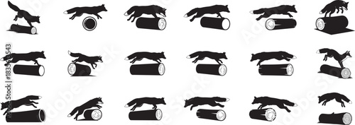 Fox silhouette jumping over log animation frames, sequential black vector graphics depicting canine movement, wild animal agility and progression, nature dynamic action sequence with various poses
