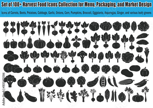 Large set of fresh vegetable black silhouette icons isolated on white background