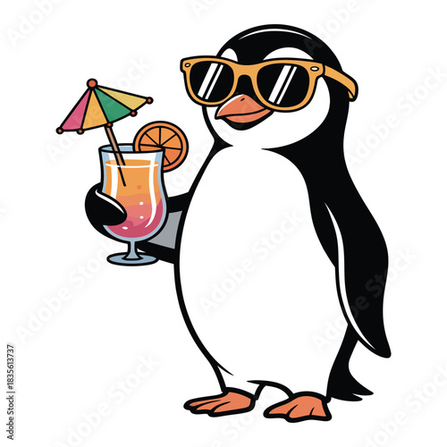 Cool penguin wearing sunglasses enjoys a tropical cocktail
