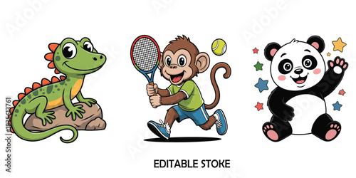 Cute cartoon animals playing sports and sitting