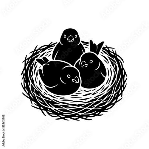 Abstract nest with curled sleeping birds in shades of blue