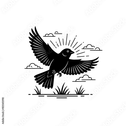 Canary silhouette preening on simple rock formation vector
