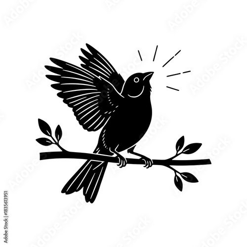 Canary silhouette flying over minimal lake in black and white