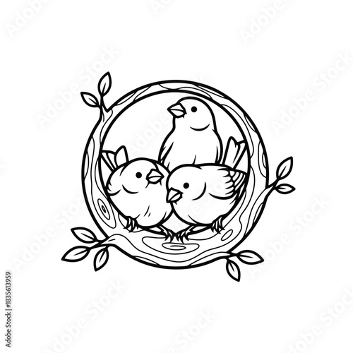 Birds in nest simple silhouette line art design element