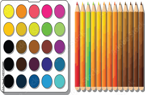 Artist Color Palette and Pencils Vector Set Art Supplies