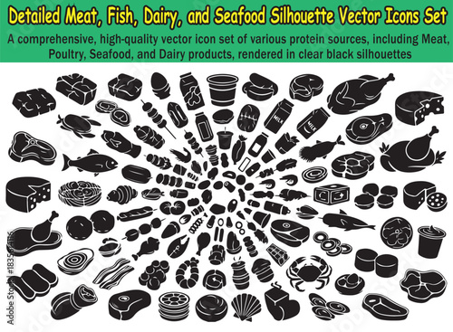 Monochrome icons of diverse meat, dairy, poultry, seafood, and delicatessen products