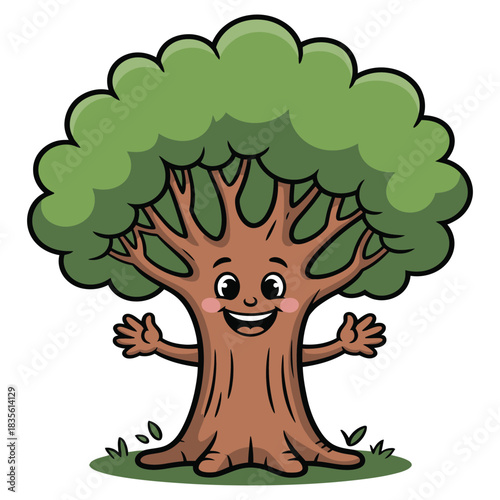 Happy cartoon tree with outstretched arms and a friendly face