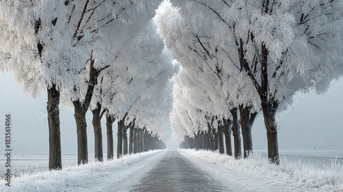 Winter road lined with trees covered in frost, leading into the distance